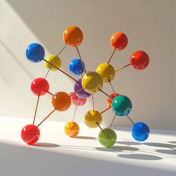 This vibrant molecular model featuring colorful glossy spheres beautifully represents science and structural connection in a bright minimalist space. Dramatic shadows. Nobody.