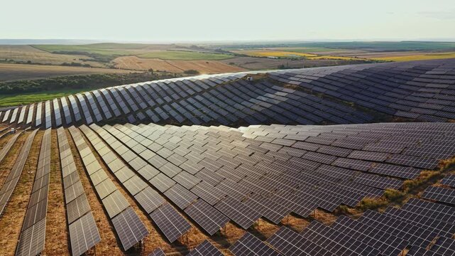 Large solar panel arrays are arranged in rows on rolling hills. The sun shines on the panels, creating reflections. The farm is located in a rural area with fields visible in the background.