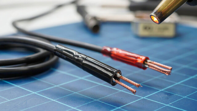 Soldering copper wires with a blow torch on a blue grid mat electrical connection