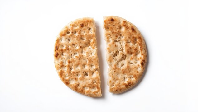 Broken machine-made matza flatbread, isolated on a white background.