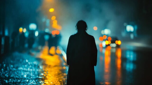 Dramatic Rainy Urban Street with Silhouette and Glowing Night Lights