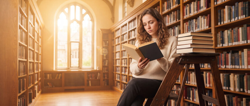 Young woman reading book in library while sitting on a wooden step stool amidst tall bookshelves in warm golden light, ideal for university education and study themes