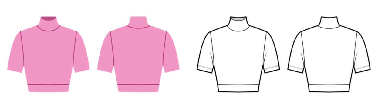 Cropped high neck top with short sleeves and fitted waist. Technical fashion illustration in black and white, front and back views, clean outline, minimal silhouette, basic apparel CAD template.