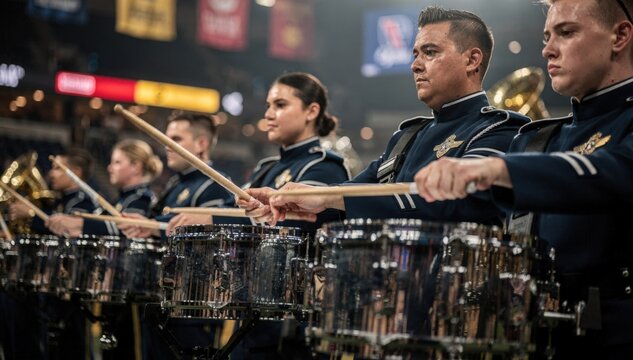 Indoor arena competition with drumline members tightly focused showing intense concentration and clean stick technique as surrounding bandmates and colorful banners remain out of