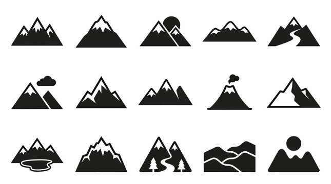 Set Of Fifteen Minimalist Mountain Peak Icons On A White Background