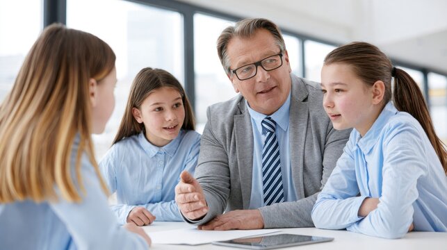 Adult teaching children basic financial concepts and money management skills. Financial literacy, budgeting, education and responsible decision making for future success