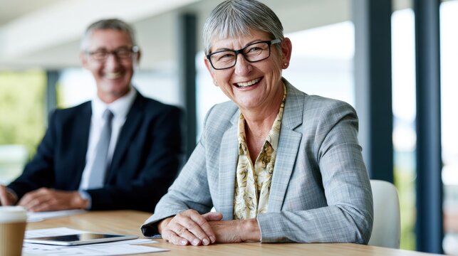 Smiling senior businesswoman during financial planning meeting. Experienced professional, leadership, confidence, consulting and successful business career