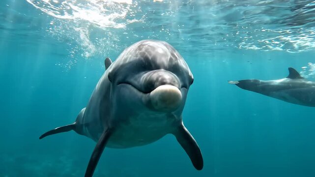 Majestic Dolphins Swimming Underwater with Sunlight Rays and Air Bubbles, ideal for marine life documentaries and nature presentations.