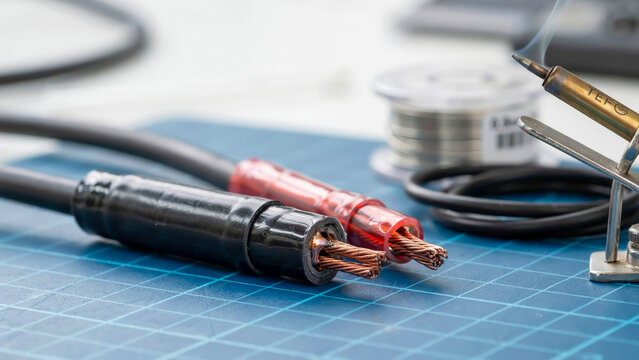 Soldering Iron Melting Solder onto Exposed Electrical Wires on Blue Mat image photo