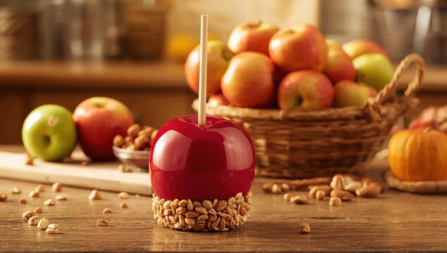candy apple with peanuts and apples behind it