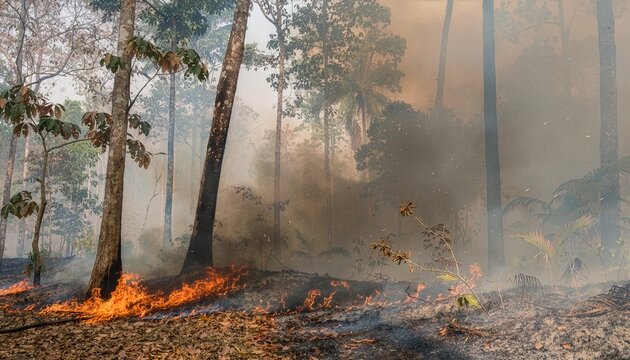 Destructive wildfire burning through a dense tropical forest. Bright orange flames consume dry leaves and underbrush while thick grey smoke fills the air, depicting severe environmental damage.