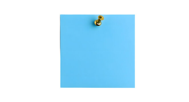 A single blue sticky note, affixed to a white background, is secured by a brass thumbtack