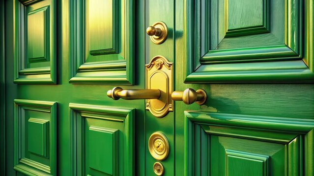 Green door with yellow handles close up