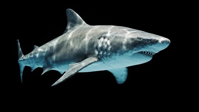 Majestic Great White Shark Swimming with Caustic Light Patterns on Black Background, Ideal for Marine Documentaries.