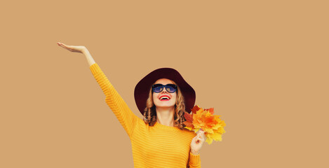 Obraz premium Autumn portrait of happy smiling young woman holding yellow leaves, stylish cheerful girl in sweater