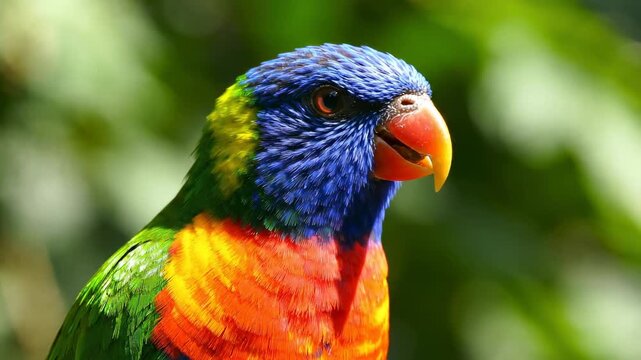 Vibrant Rainbow Lorikeet Close-up featuring colorful plumage and orange beak against a blurred green background, ideal for nature documentaries and wildlife education.