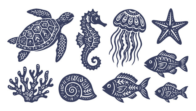 Set of rustic woodcut style marine life illustrations featuring sea animals and ocean creatures
