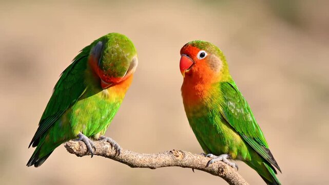 Vibrant Lovebird Pair: Two colorful Fischer's lovebirds perched on a branch against a soft bokeh background, ideal for nature documentaries and pet care content.