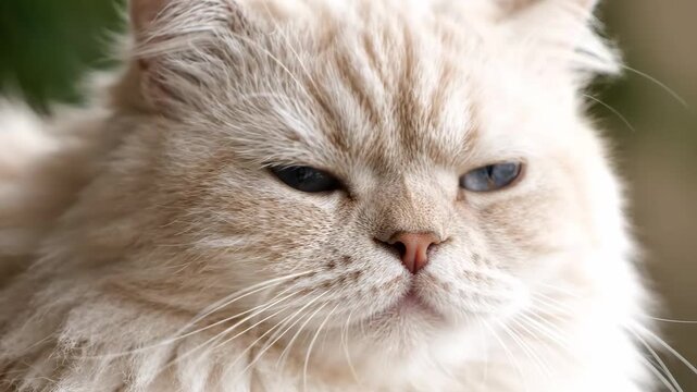 Stunning Close-up of a Fluffy Cream Cat with Piercing Blue Eyes ideal for pet care branding or animal lovers' content.