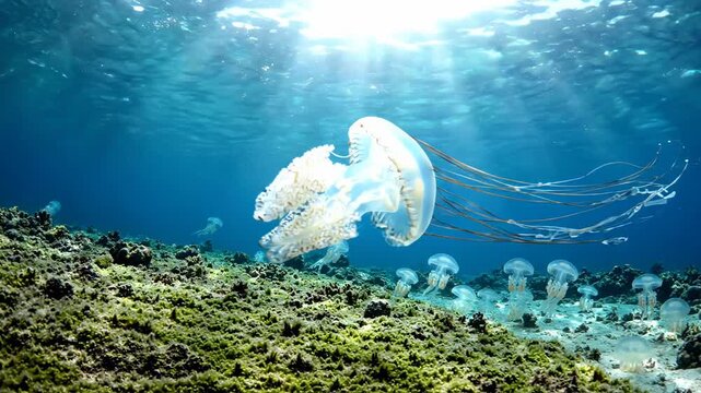 Majestic Jellyfish Swimming Over Coral Reef with Sunlight Rays, Perfect for Marine Documentaries.