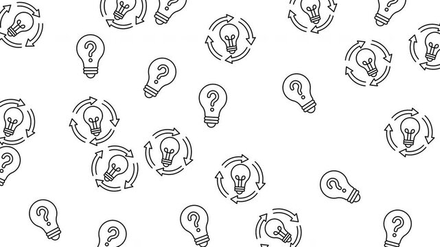 Seamless light bulb pattern featuring idea icons, question marks, and process arrows on white.