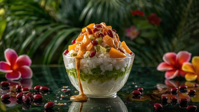 Cendol is a Malaysian dessert featuring crushed ice and assorted sweets and fruits.