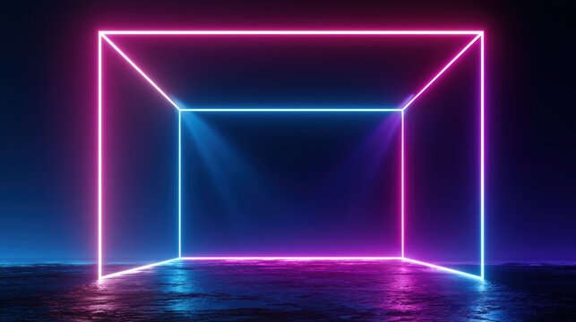 3d technology abstract neon light background, empty space scene, spotlight, dark night, virtual reality, cyber futuristic sci-fi background, street floor studio for mock up. colored geometric