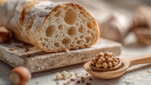 Sliced baguette and mixed nuts on wooden board.