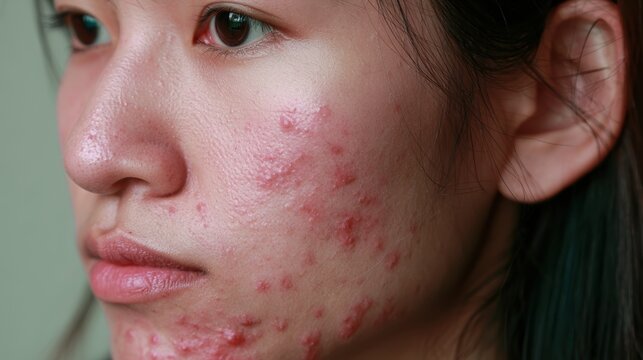 acne on woman face with rash skin, scar, and red skin syndrome allergic to cosmetics, use steroids, dermatology, inflammation, infection, hygiene