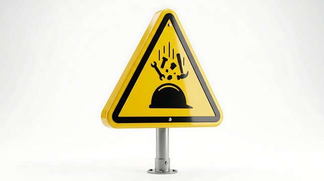 Warning sign depicting falling objects and a hard hat serves as a visual alert for construction zones.