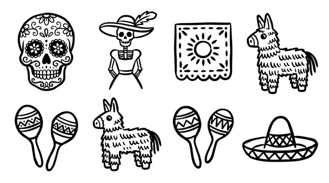 Mexican culture doodles black and white icons vector set