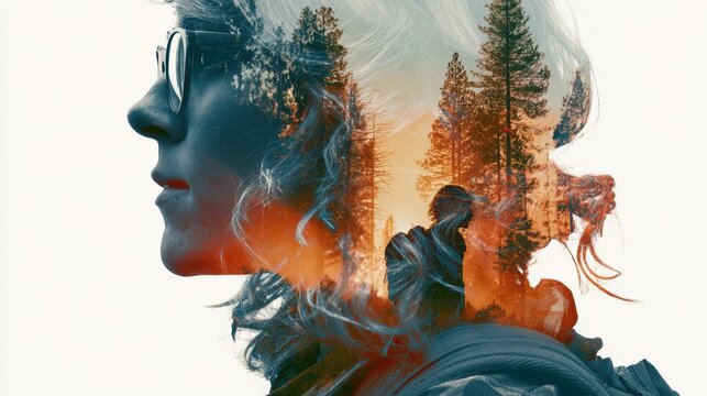 Double exposure photography of close up traveller and the tranquil forest, nature, adventure, forest, man, hiking, backpack, young, lifestyle, tourist, outdoors