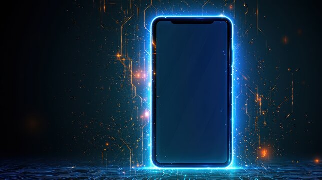 Smartphone on technology background. Neon glowing mobile phone on abstract dark background. Futuristic network connection