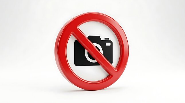 Prohibition sign featuring a camera icon represents restricted photography in specific public locations.