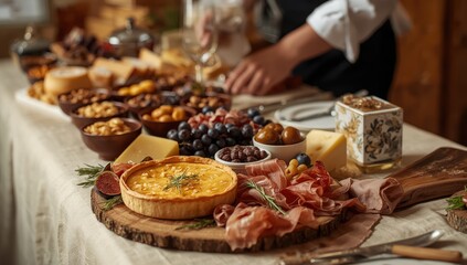 Obraz premium gourmet cheese quiche, upscale charcuterie and cheese selection, refined fruit appetizer spread, stylish rustic catering arrangement