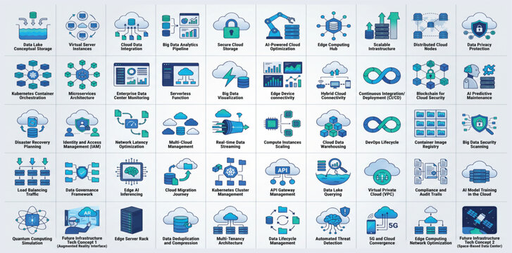 Premium Big Data and Cloud Computing Vector Pack with 50 Editable Enterprise Infrastructure, Cloud Services and Data Platform Illustrations