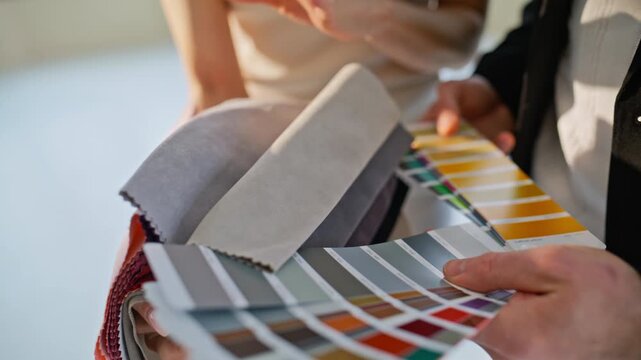 Color palette fabric samples in hands. Closeup choosing interior colors design.