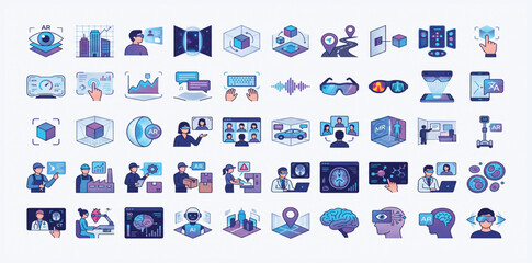 Naklejka premium Premium Augmented Reality and Spatial Computing Vector Pack with 50 Editable AR, Mixed Reality and Immersive Technology Illustrations