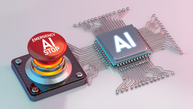 AI safety emergency stop button connected to artificial intelligence processor, concept of AI regulation. AI kill switch, control, cybersecurity, responsible intelligent system protection, technology 