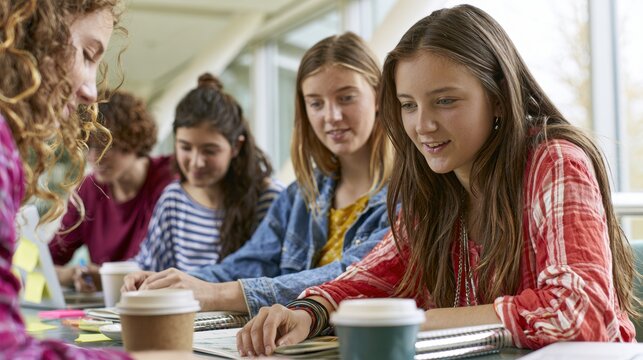 Group of students collaborating on academic projects and discussing future goals. Teamwork, education, career planning, learning and personal development in modern classroom