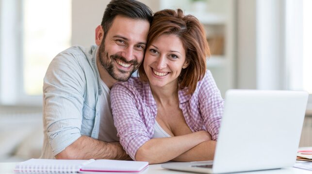 Happy young couple using laptop to plan future goals together. Personal finance, life planning, shared dreams, budgeting and building successful future