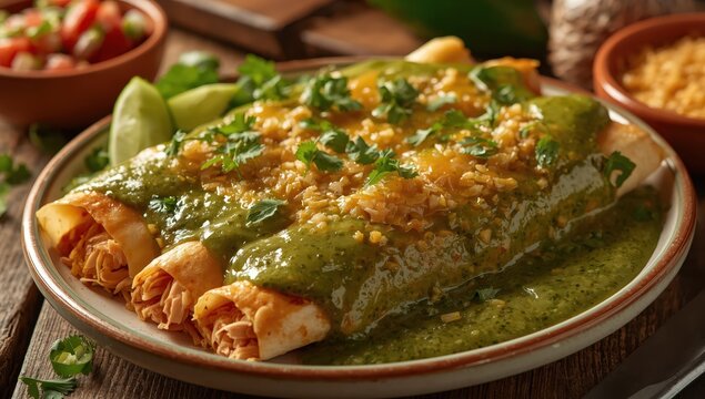 Chicken and cilantro green enchiladas with tomatillo sauce.