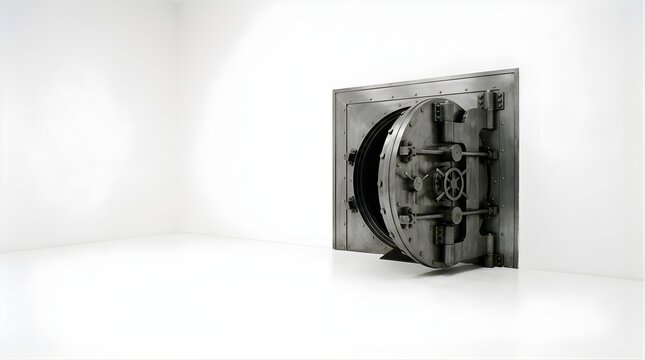 Heavy metal vault door open in a minimalist white room for financial security