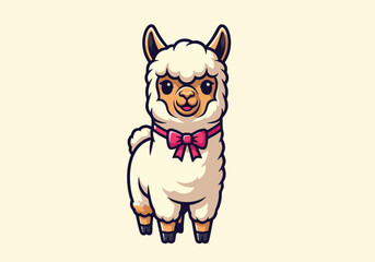 Fototapeta premium Cute cartoon llama wearing pink bow