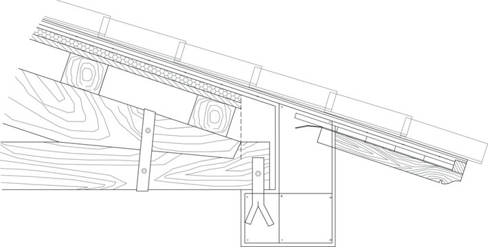 Technical architectural vector drawing featuring a detailed roof eave and overhang construction joint, timber rafters, insulation layers, and flashing.