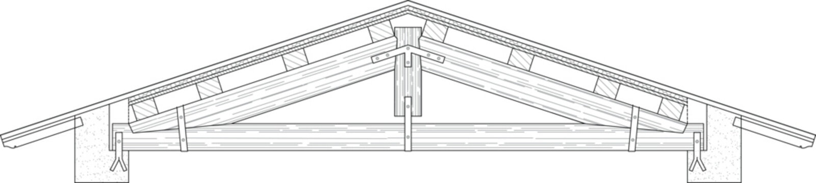 Technical architectural cross-section of wooden gable roof truss structure showing rafters, beams, and supporting walls. Black and white construction blueprint detail.