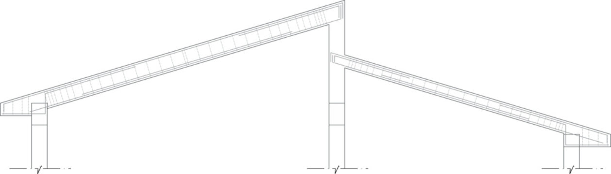 Technical drawing of a lean-to roof structure showing cross-section, rafters, and supporting columns. Black and white architectural blueprint.