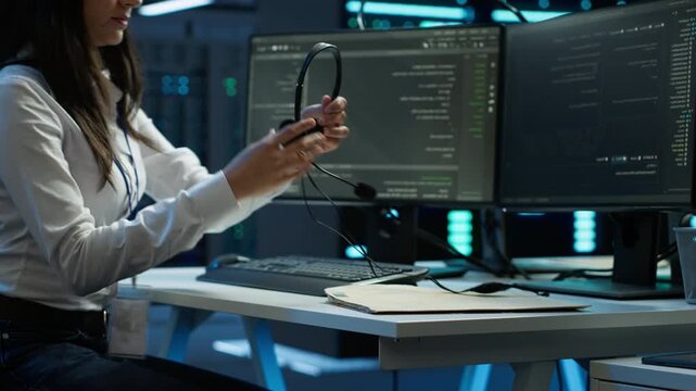 In a server farm, iT specialist provides technical support with a microphone, supporting performance oversight, system reliability and technical support inside active data center oversight