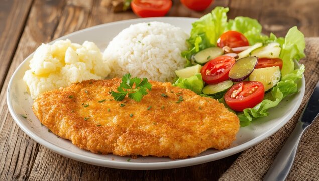 Chicken schnitzel served with potatoes, rice, and salad.