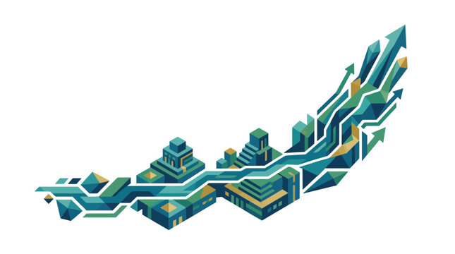 Isometric Business Growth Concept with Rising 3D Geometric Arrow and Abstract Data Structures